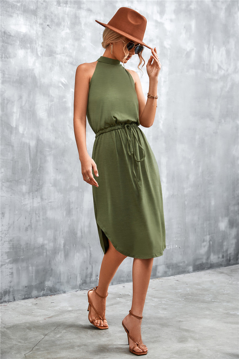 Damen lässiges Midikleid mit hohem Kragen und regulierbarem Gürtel Sovae