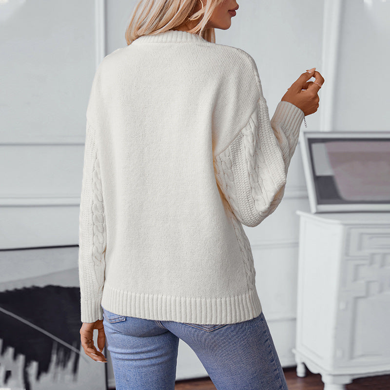 Damen Strickpullover mit Zopfmuster und hohen Bündchen Sovae
