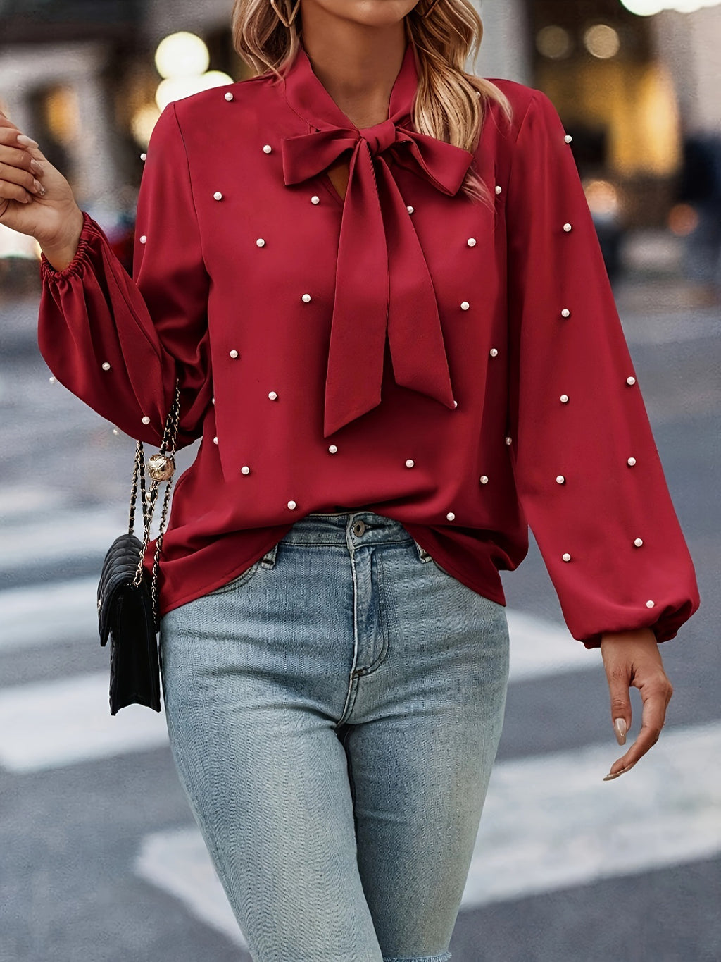 Damen Bluse mit Puffärmeln und Schleife Sovae