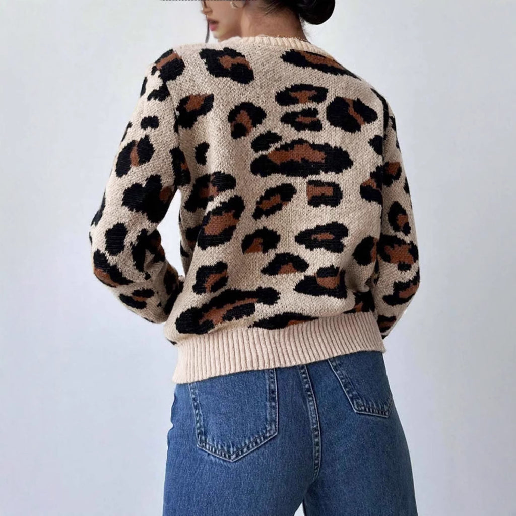 Damen kuscheliger Strickpullover mit Leopardenmuster und überschnittenen Schultern Sovae