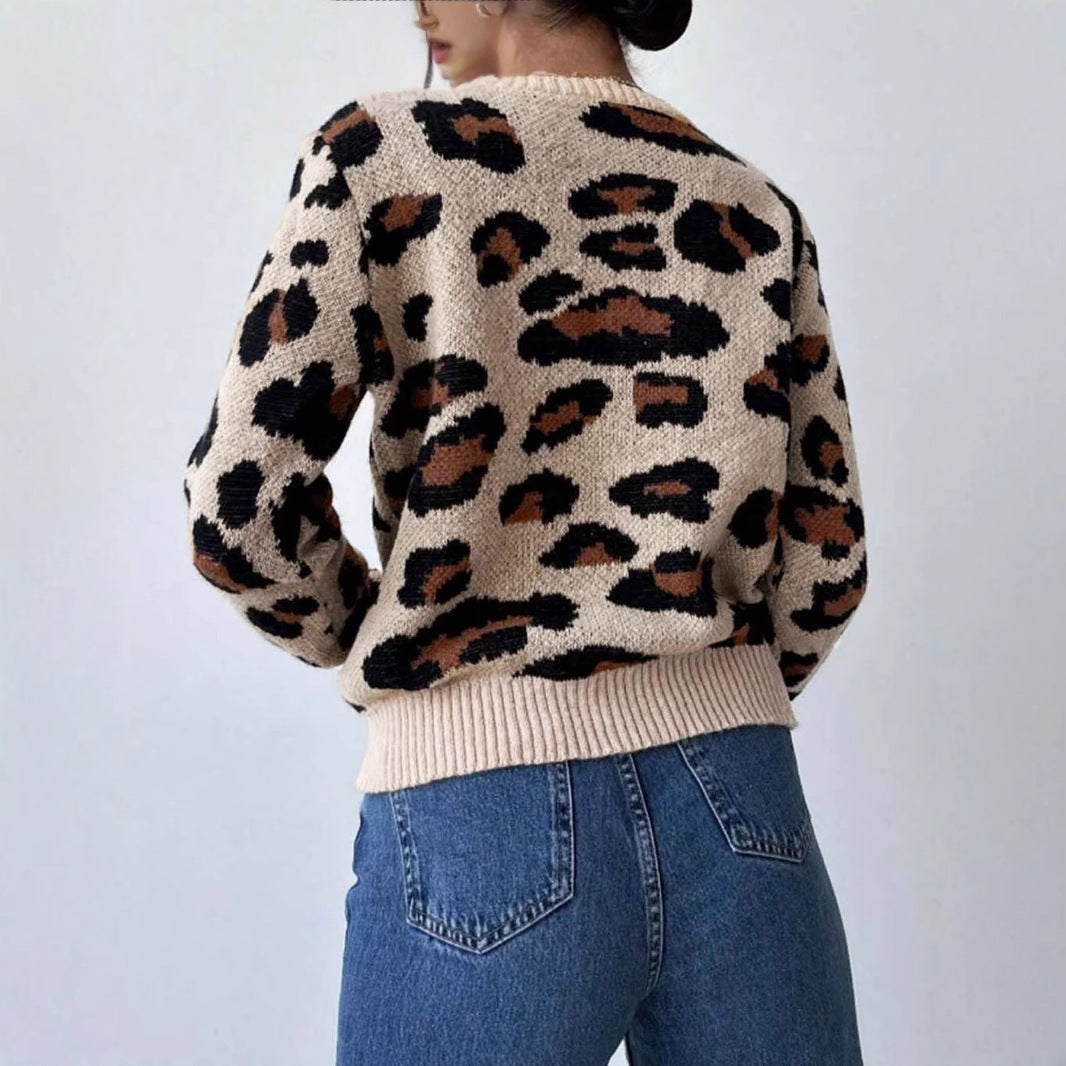 Damen kuscheliger Strickpullover mit Leopardenmuster und überschnittenen Schultern Sovae