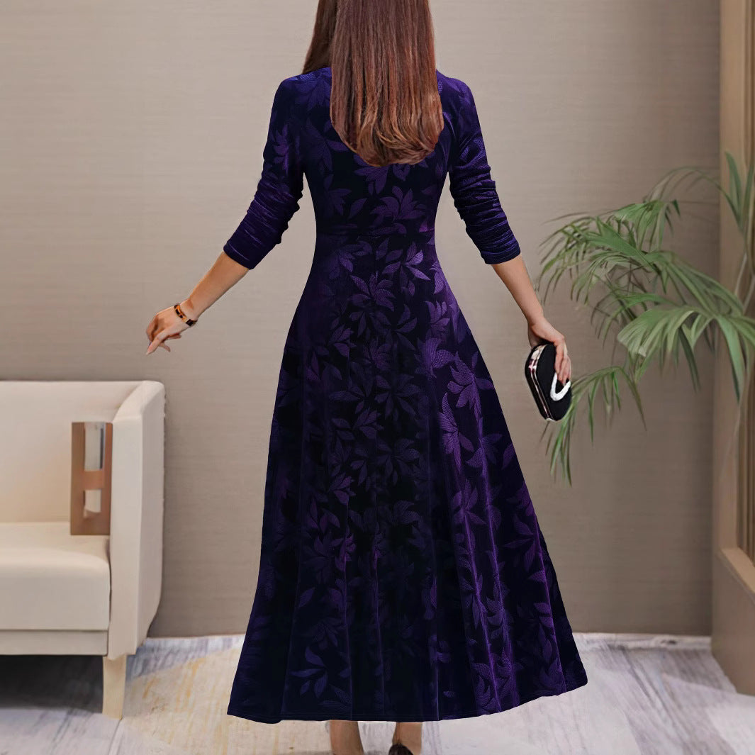 Damen elegantes Maxikleid aus Samt mit botanischem Muster und V-Ausschnitt Sovae