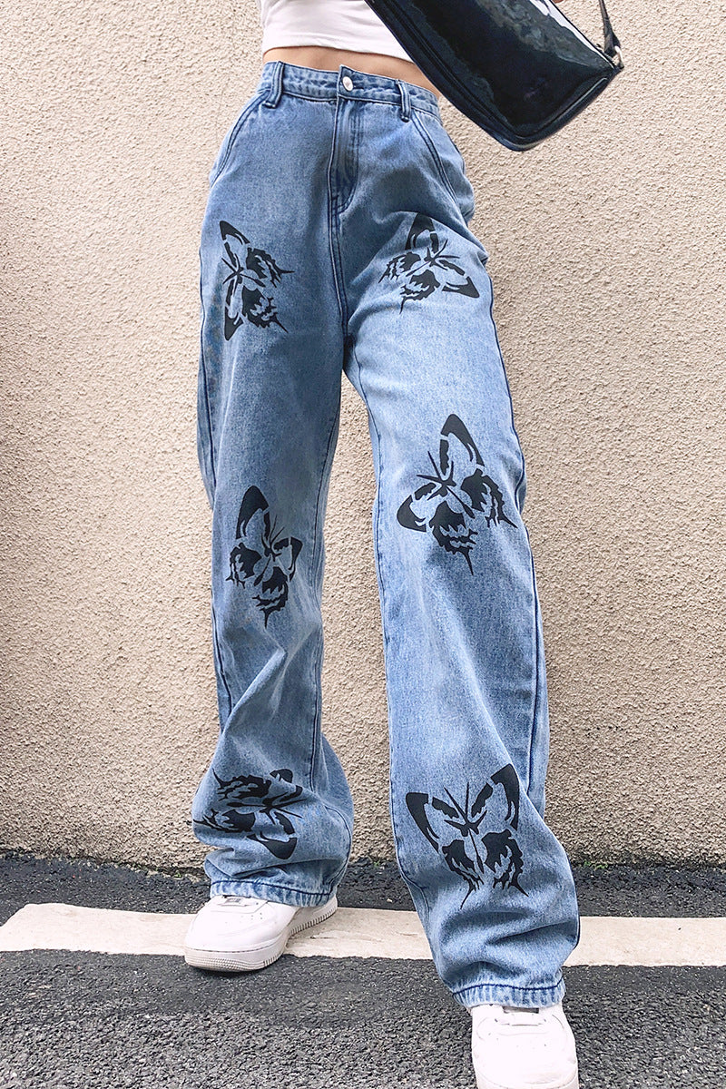 Damen modische Blumen-Print Jeans Sovae