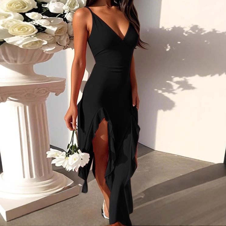 Damen Elegantes Maxikleid mit asymmetrischem Saum und tiefem V-Ausschnitt Sovae