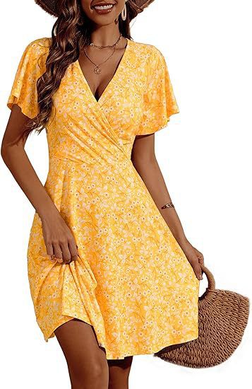 Damen florales Midikleid mit V-Ausschnitt und weit schwingendem Rock Sovae