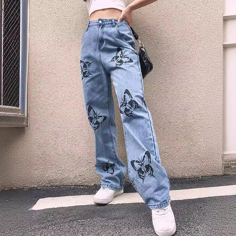 Damen modische Blumen-Print Jeans Sovae