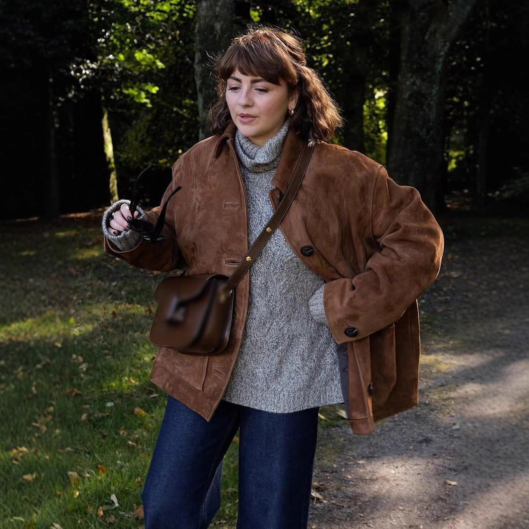 Damen elegante und bequeme Kunstlederjacke mit Taschen Sovae