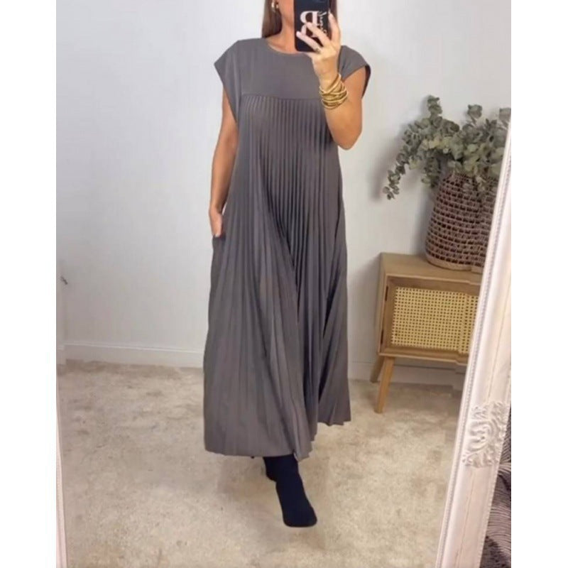 Damen Plissee Maxikleid mit praktischem Taschen und elegantem Schnitt Sovae