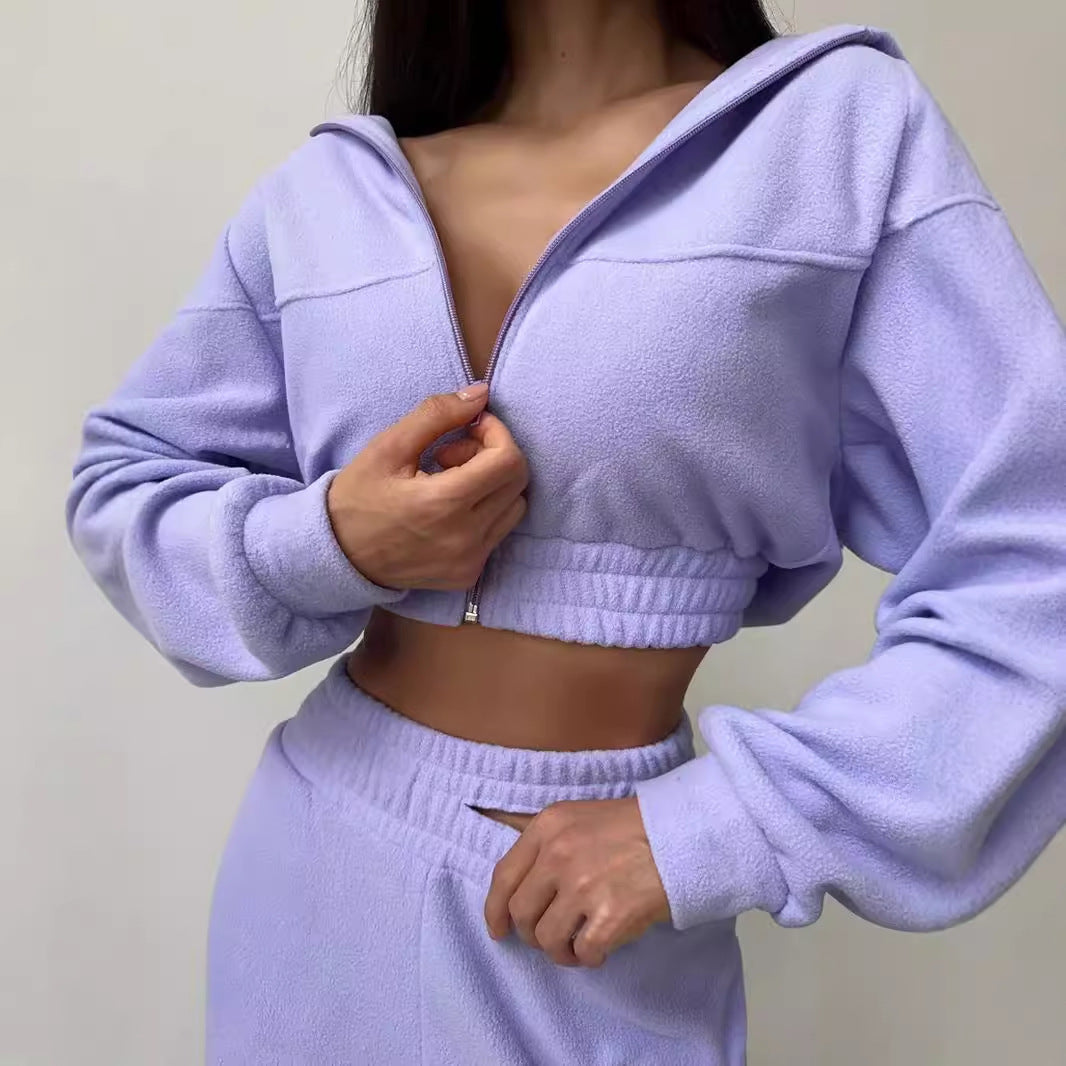 Damen Fleece-Cropped-Set mit weitem Bund Sovae
