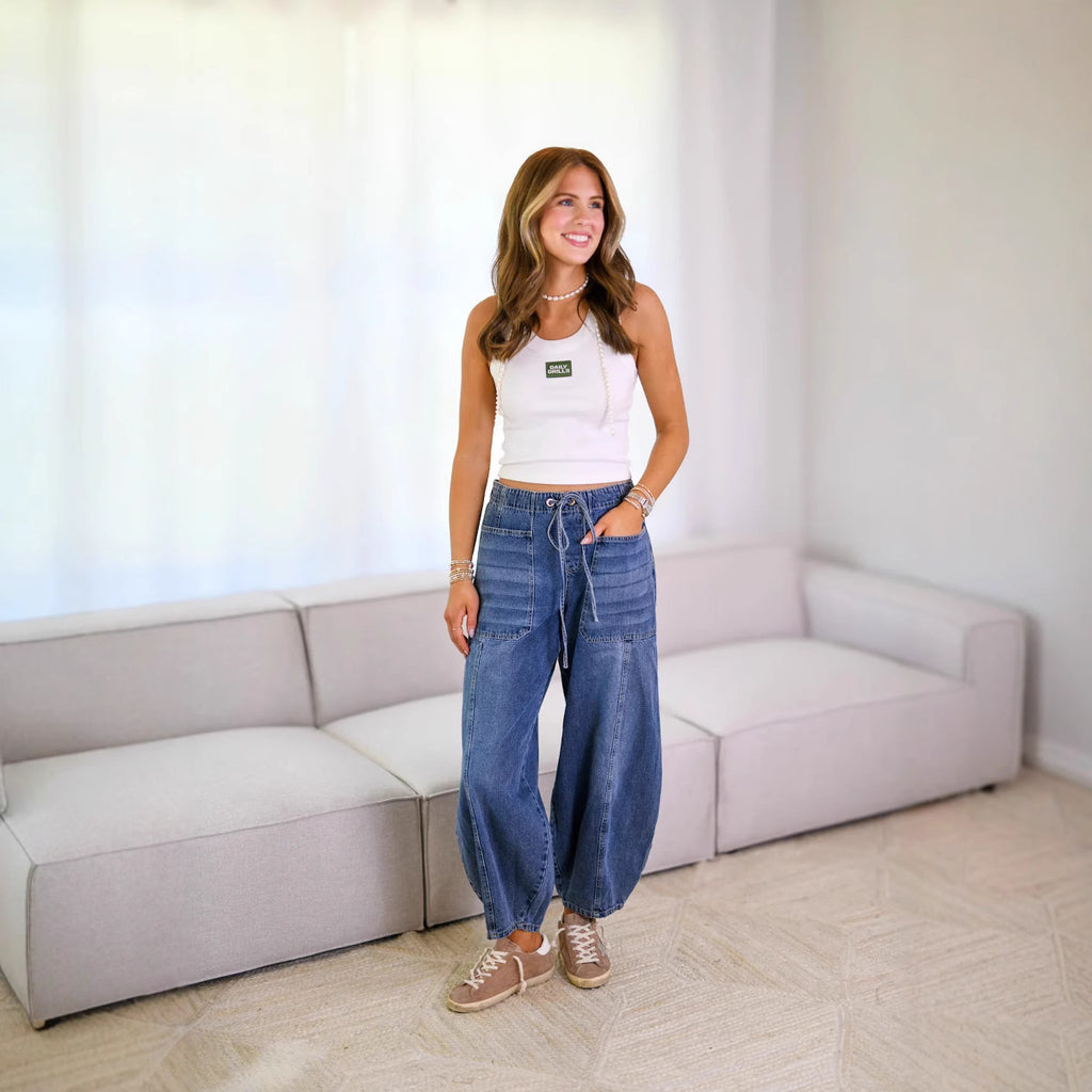 Damen Weit geschnittene Denim-Hosen mit elastischem Bund Sovae