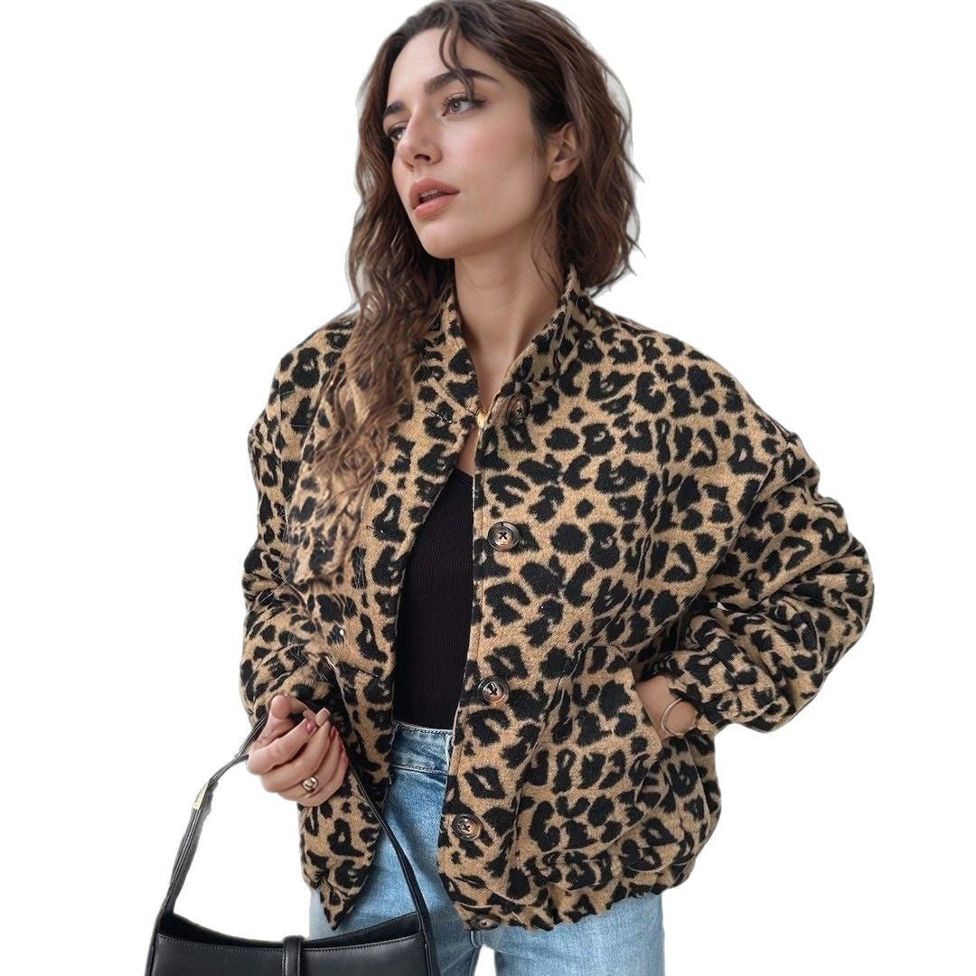 Damen trendige Fleecejacke mit Leopardenmuster Sovae