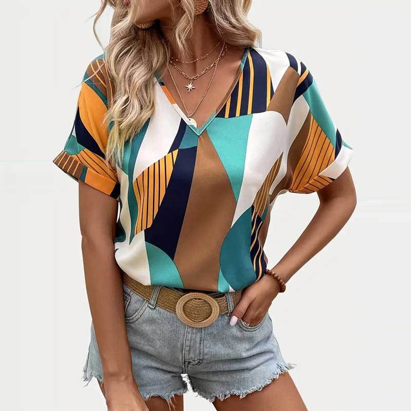 Damen Abstract Print Kurzarm Oberteil Sovae