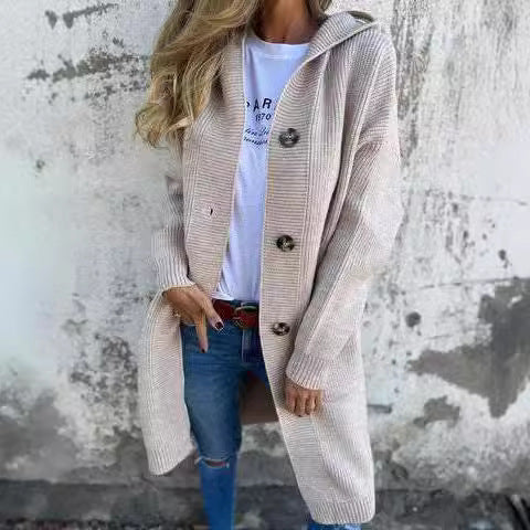 Damen lange Strickjacke mit Kapuze und Taschen Sovae