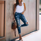 Damen Zerstörte Skinny Jeans mit hoch geschnittenem Bund und modischen Details Sovae