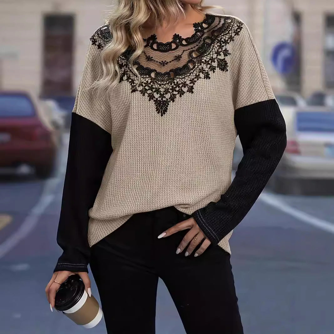 Damen Elegantes Strickoberteil mit gehäkeltem Spitzenkragen Sovae