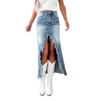 Damen High-Waist Denim-Rock mit Fransen und Schlitz Sovae