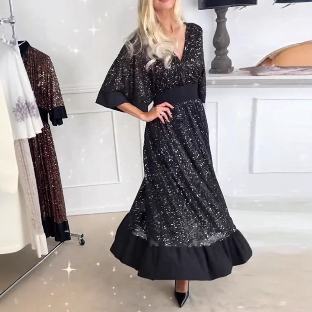 Damen Maxikleid mit schimmernden Details und voluminösen Ärmeln Sovae