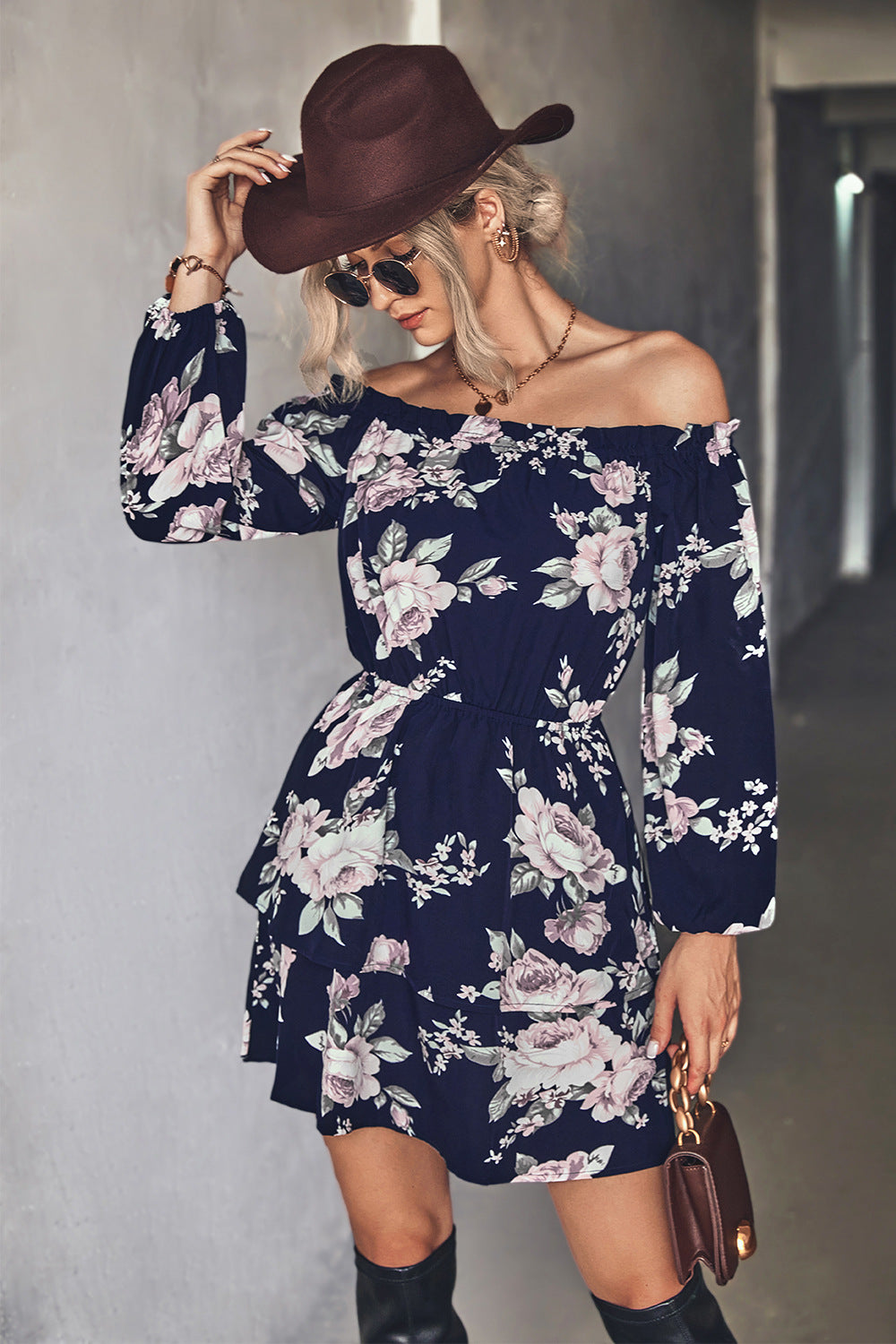 Damen Off-Shoulder Minikleid mit floralem Druck und Rüschensaum Sovae