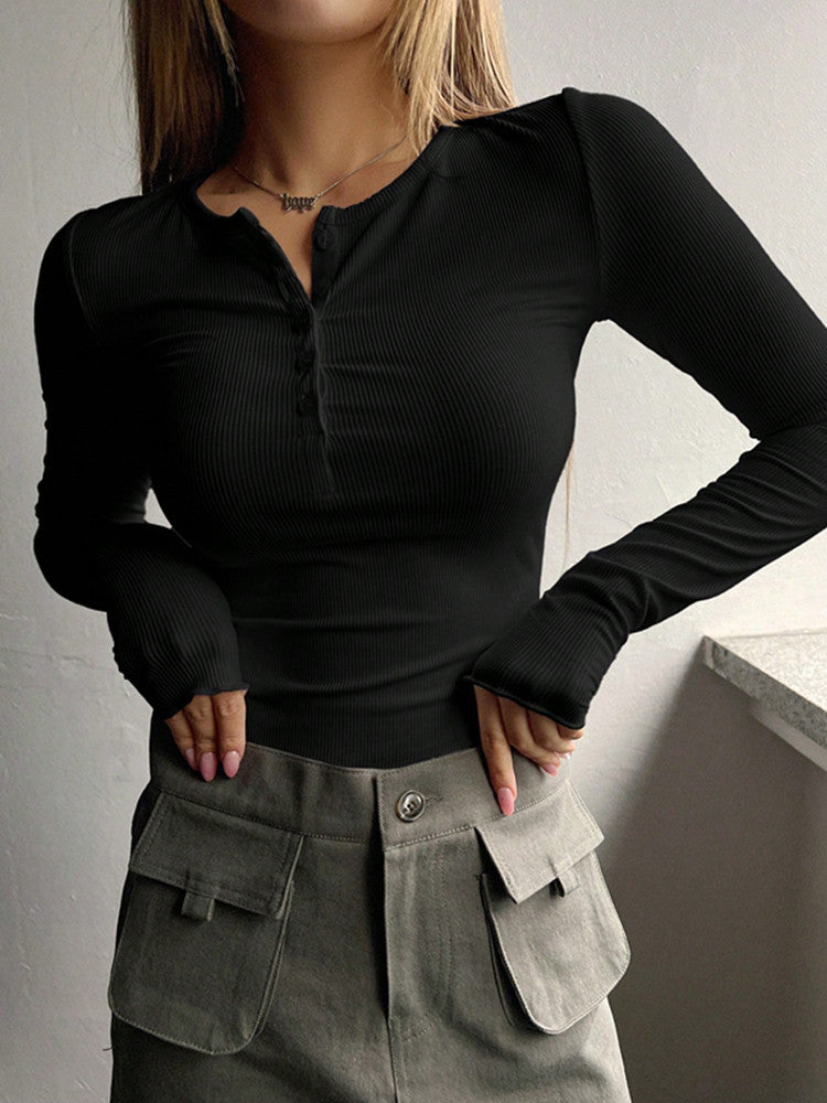 Damen schmeichelhaftes Langarm-Bodyshirt mit Knopfleiste Sovae
