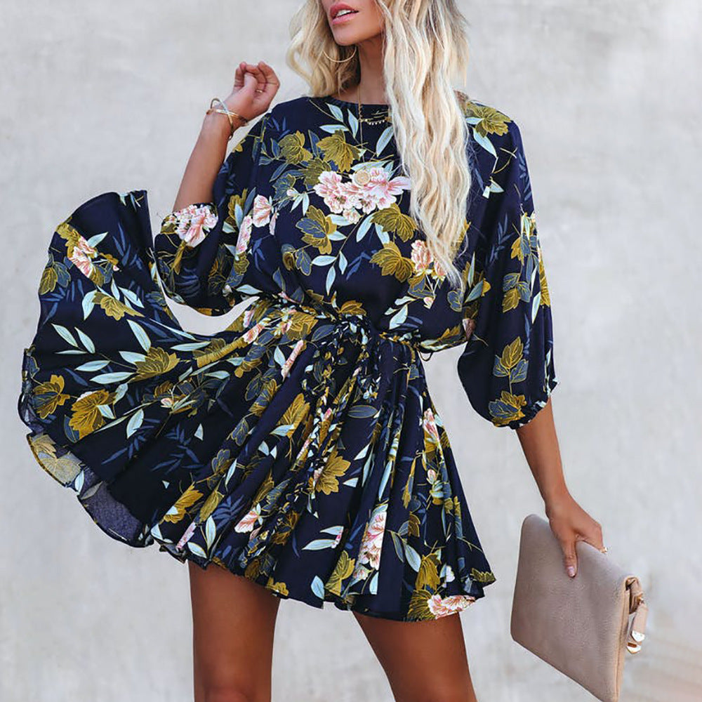 Damen Blümchen Kurzkleid mit Taillengürtel und weiten Ärmeln Sovae
