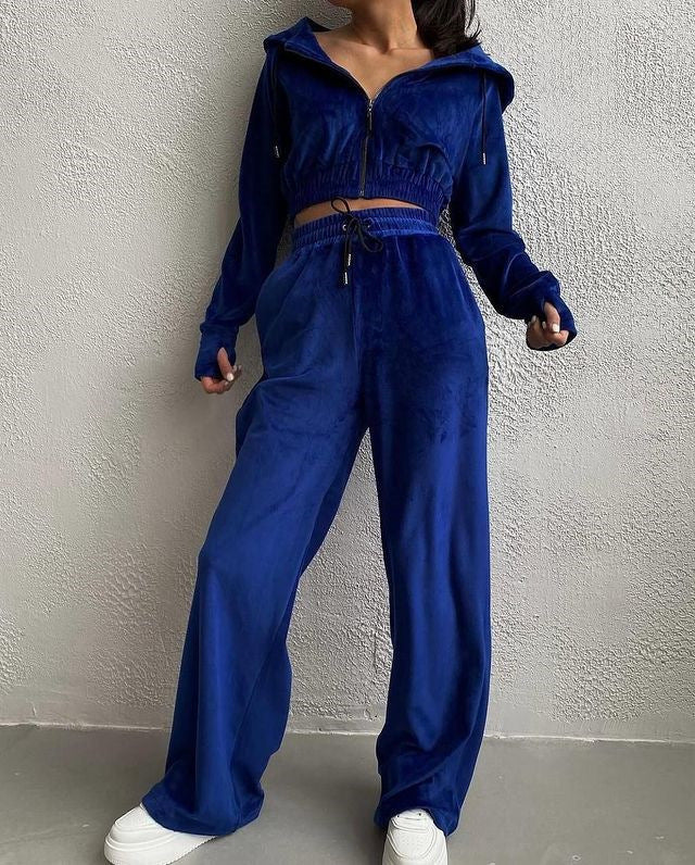 Damen Velours-Loungewear-Set mit Kapuze und elastischen Bündchen Sovae