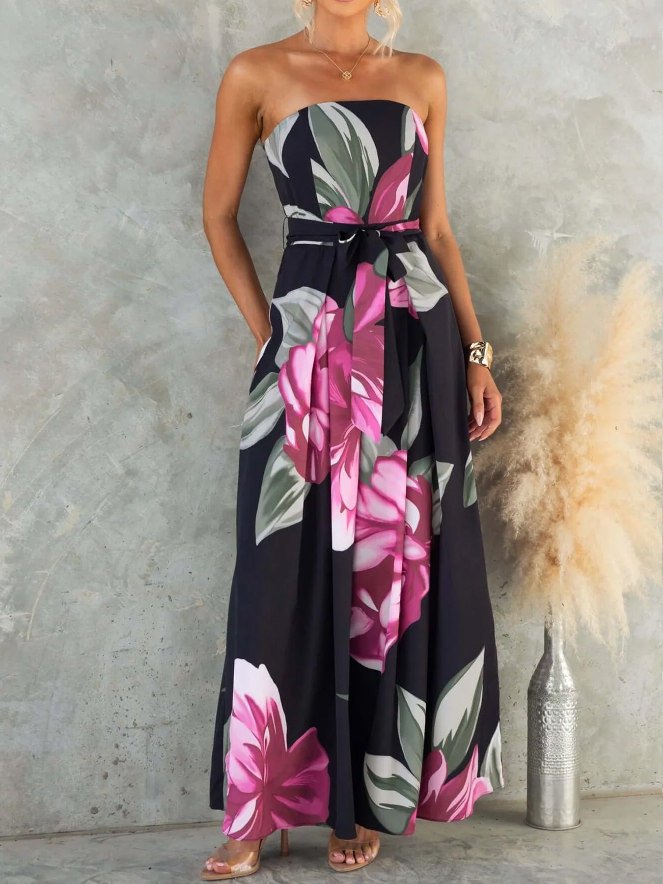 Damen Strapless Maxikleid mit floralen Akzenten Sovae