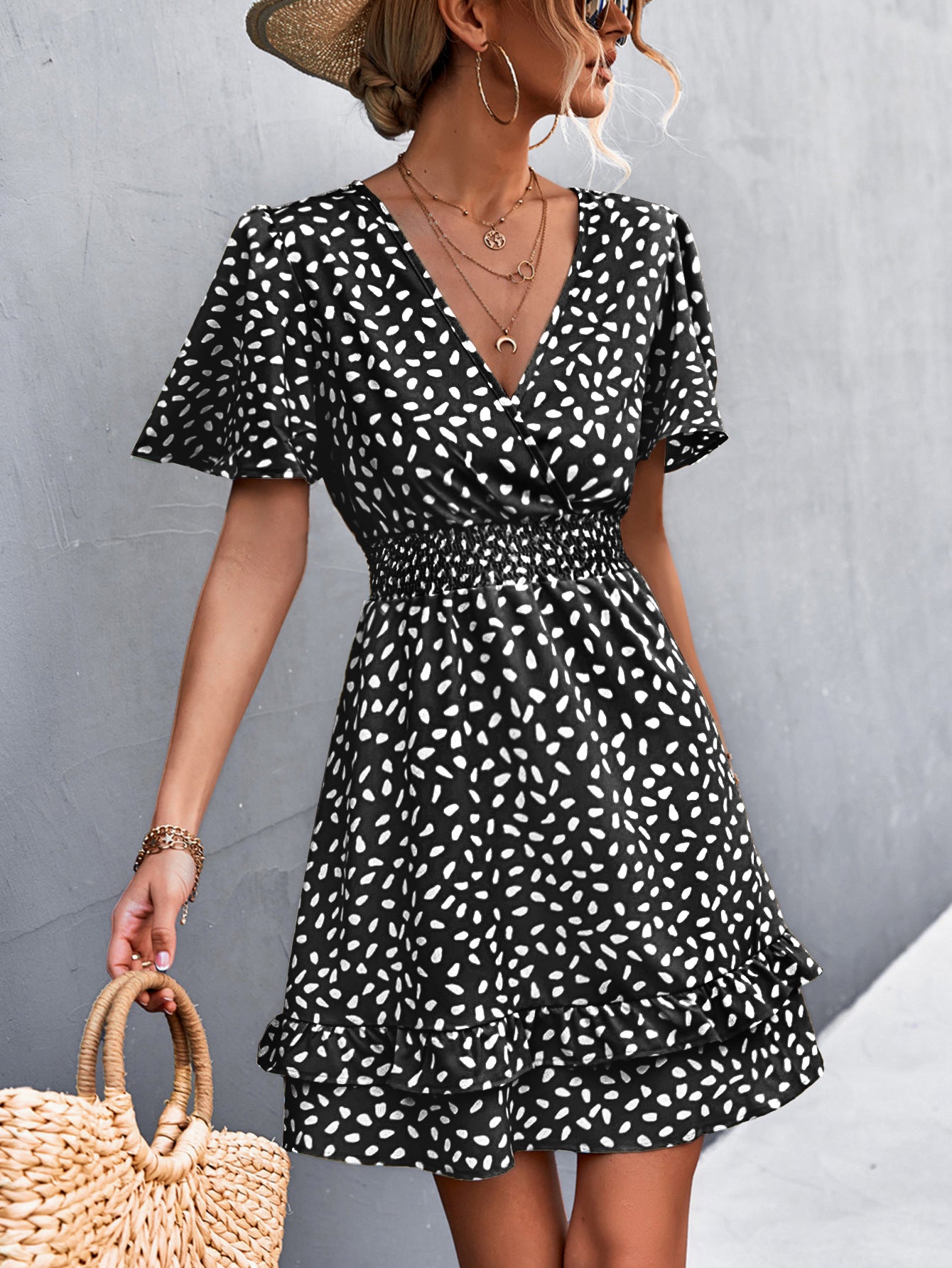 Damen Blümchen Minikleid mit Rüschen und elastischem Taillenbund Sovae