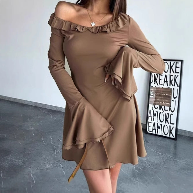 Damen Off-Shoulder Minikleid mit Rüschendetails und langen Ärmeln Sovae