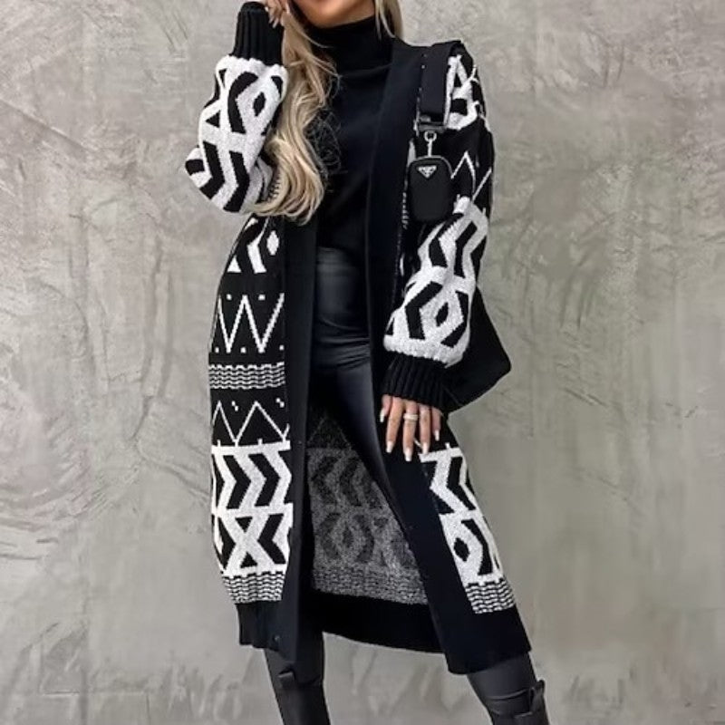 Damen Langer Strickcardigan mit geometrischem Muster und lässigem Schnitt Sovae