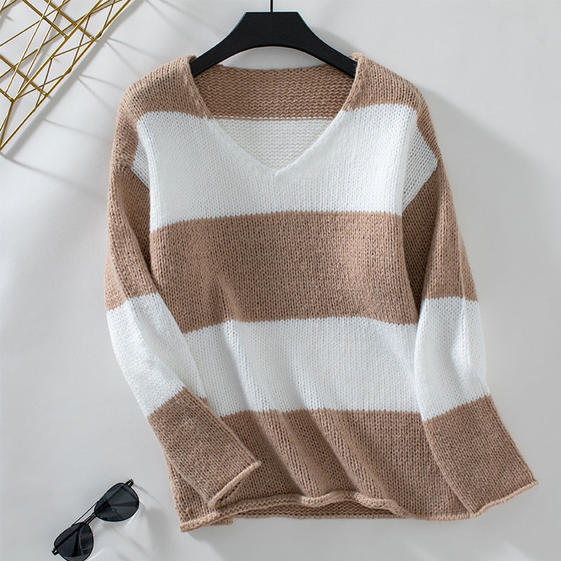 Damen lässiger V-Ausschnitt Strickpullover mit großzügigem Streifenmuster Sovae