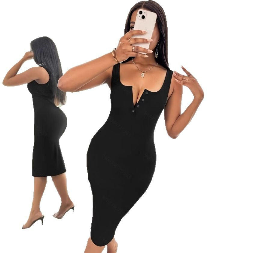 Damen Tailliertes Midi-Kleid mit Knopfleiste und breiten Trägern Sovae