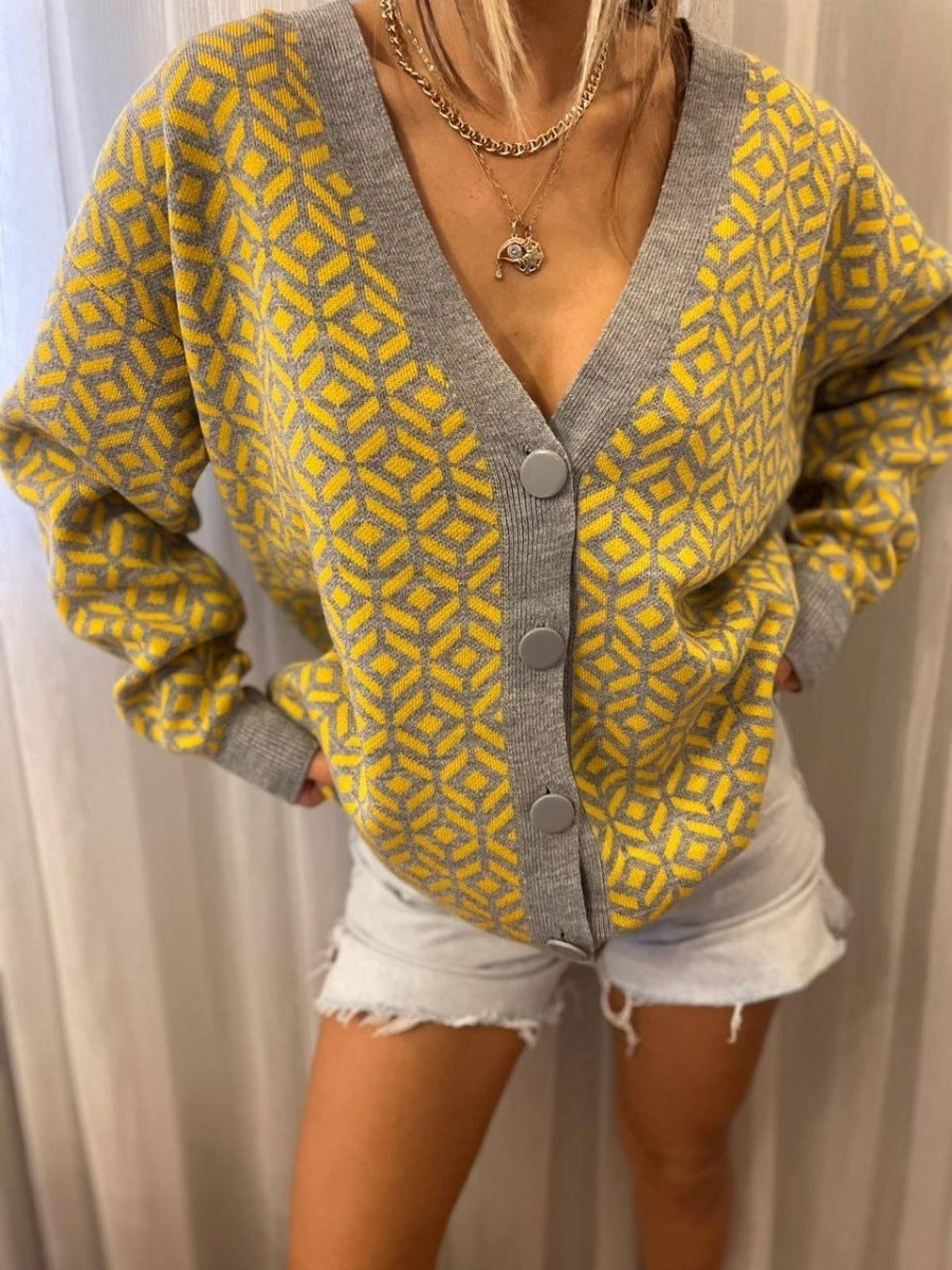 Damen Grober Strickjacke mit V-Ausschnitt und auffälligem Muster Sovae
