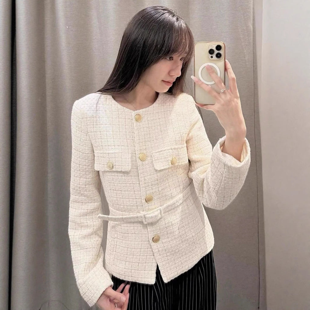 Damen elegante Tweed-Jacke mit doppelter Knopfleiste und praktischen Taschen Sovae