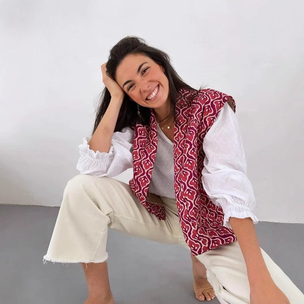 Damen stilvolle ärmellose Longjacke mit floralen Mustern Sovae