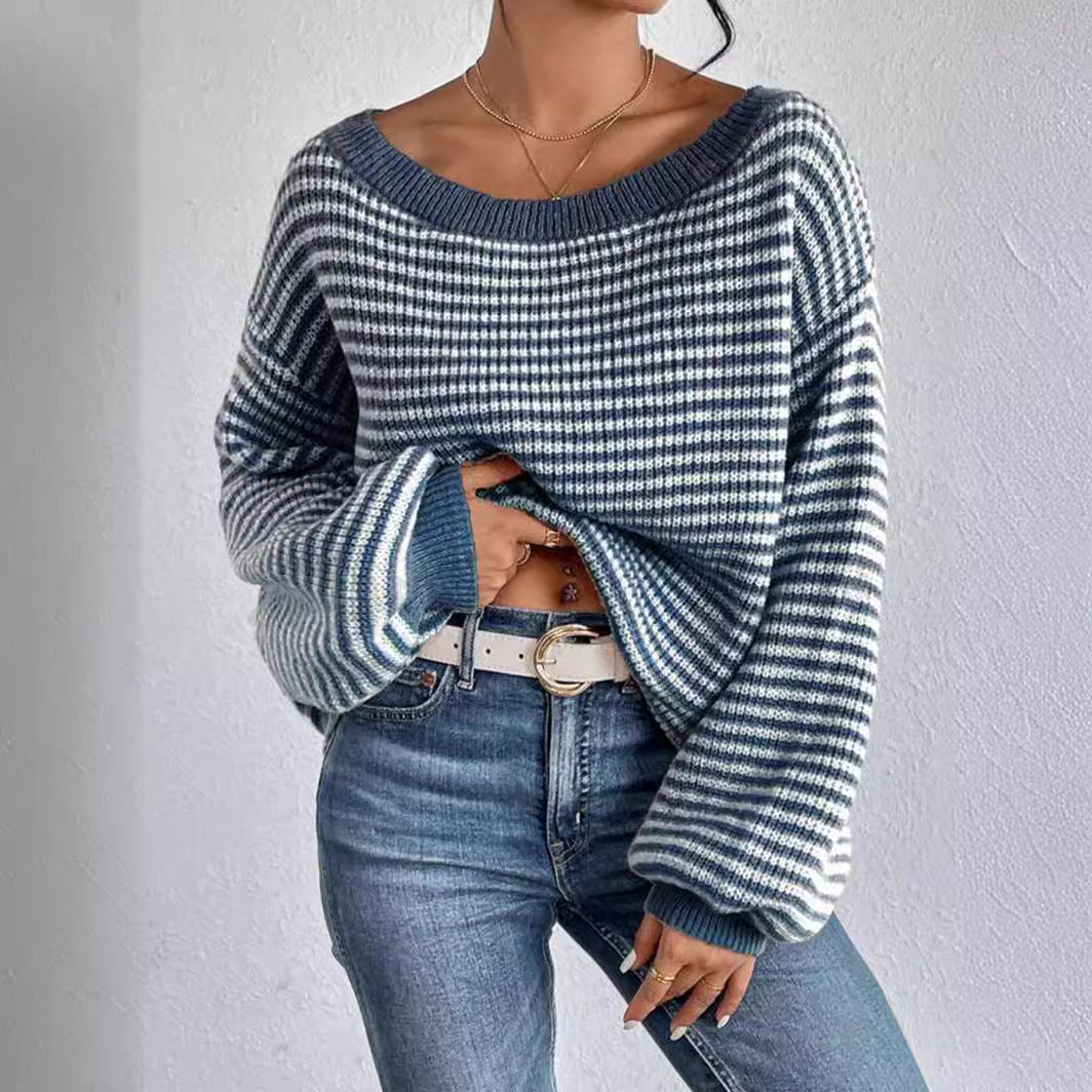 Damen lässiger Strickpullover mit weitem Schnitt und modernen Streifen Sovae