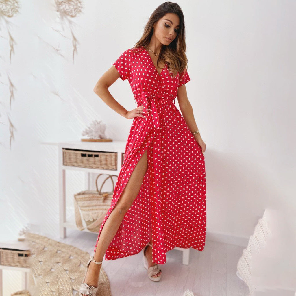 Damen Polka-Dot Maxikleid mit seitlichem Schlitz und gebundenem Bund Sovae