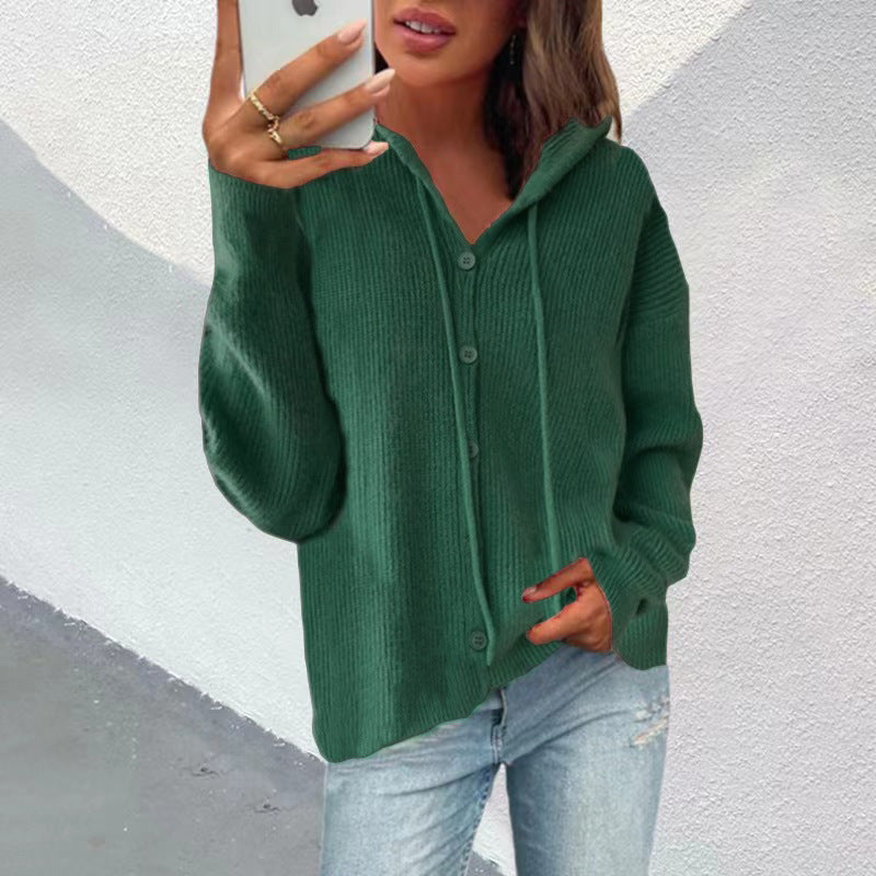 Damen Strickjacke mit Kapuze und Knopfleiste Sovae