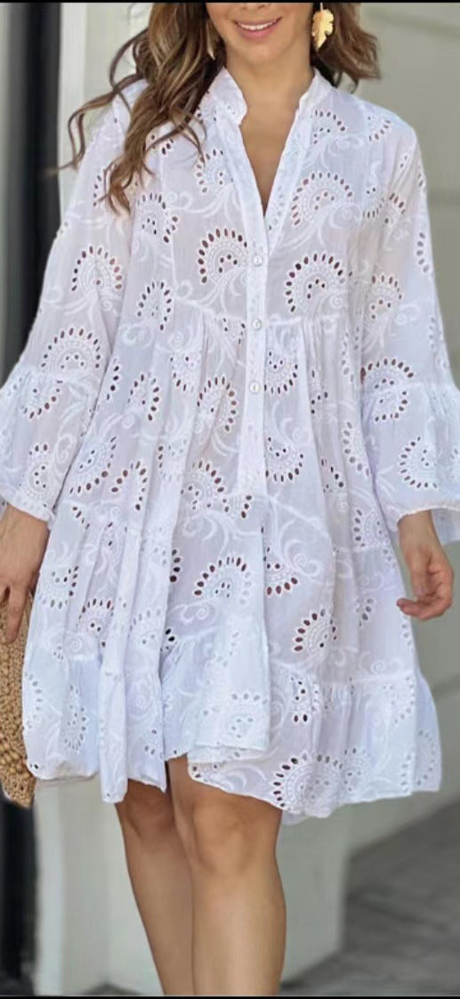 Damen luftiges Tunika-Kleid mit dekorativem Lochmuster Sovae