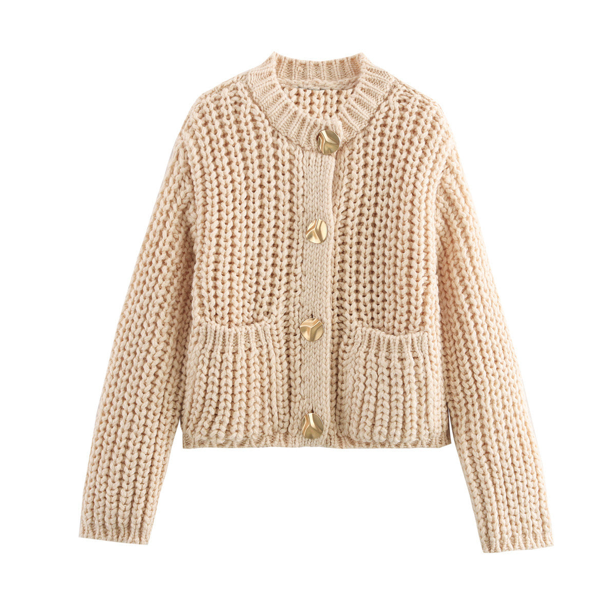 Damen strickige und warme Cardigan mit großen Taschen und goldenen Knöpfen Sovae