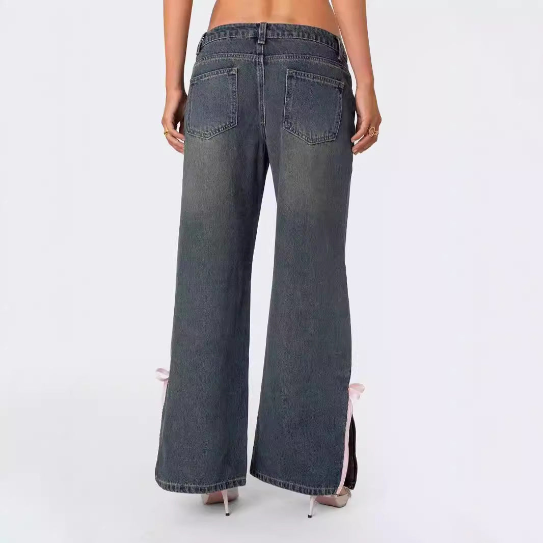 Damen Weit geschnittene Denim-Hose mit modischen Schnürdetails Sovae