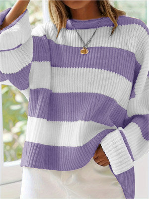 Damen lässiger Strickpullover mit breiten Streifen und lockerer Passform Sovae