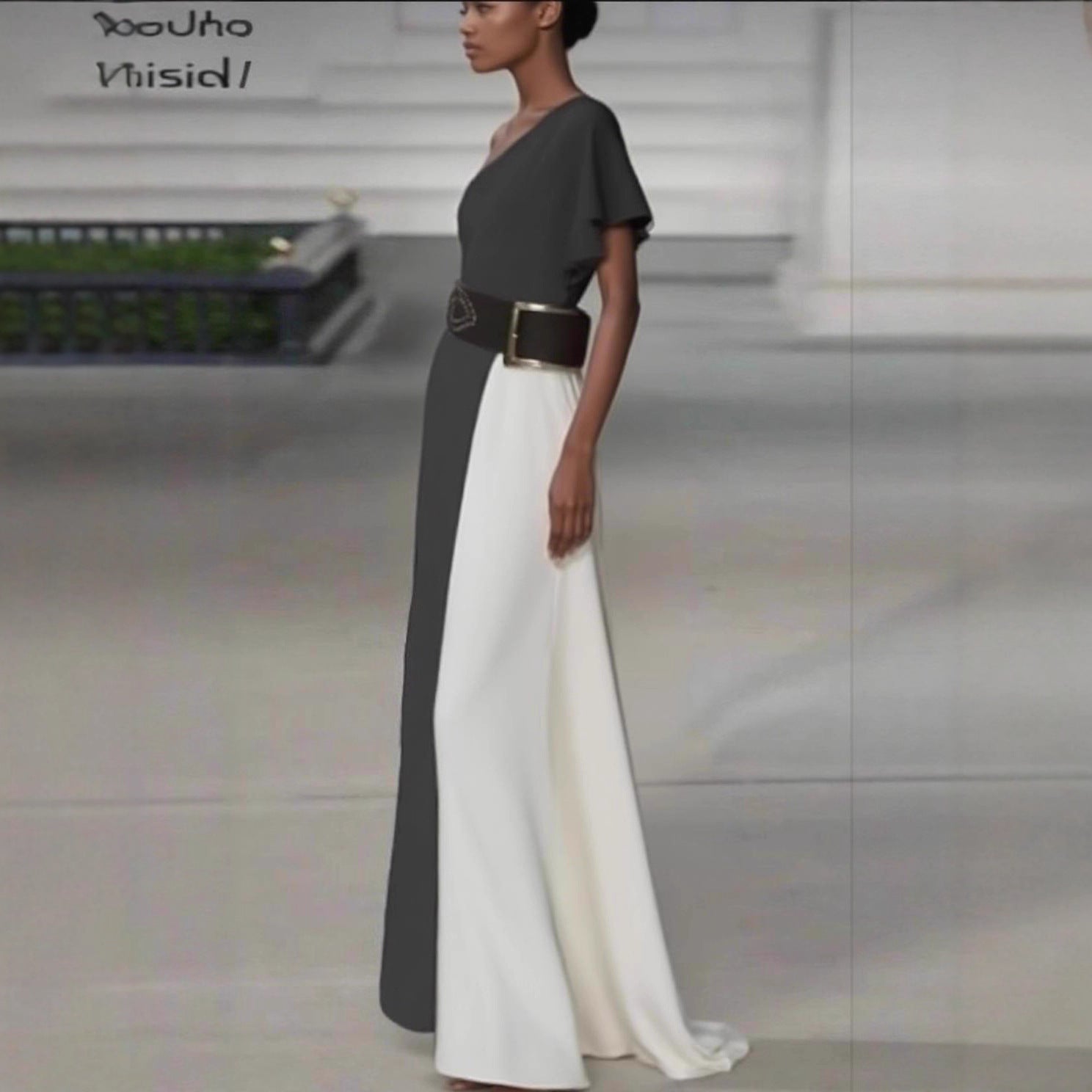 Damen Elegantes Einseitiges Maxikleid mit asymmetrischem Schnitt und schickem Gürtel Sovae