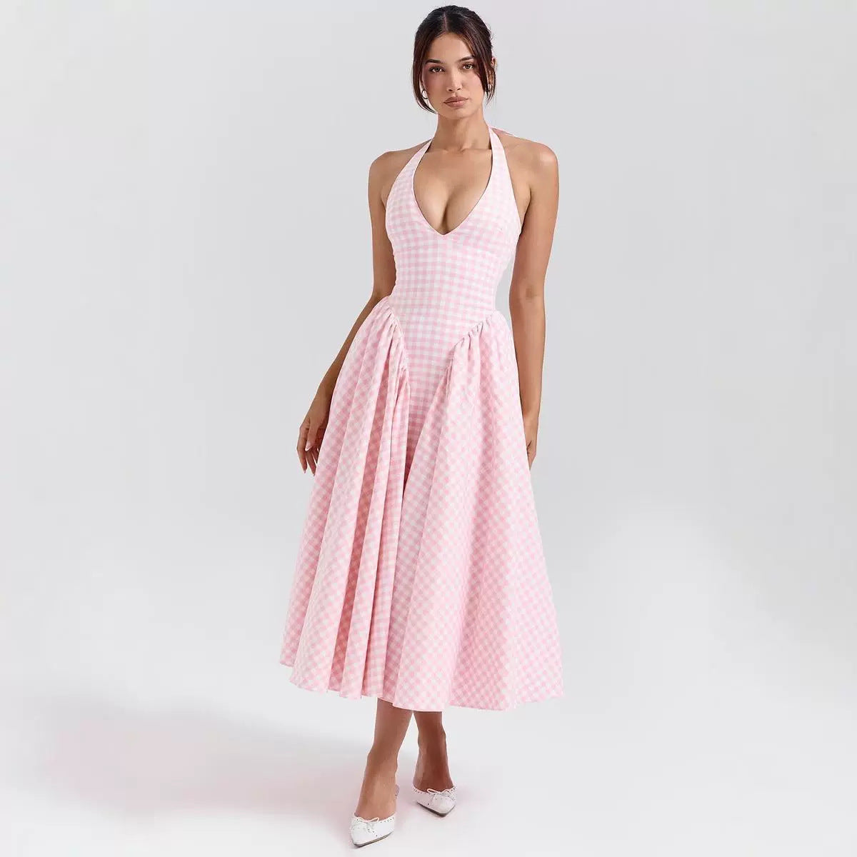 Damen Maxikleid mit V-Ausschnitt und bindbarem Rückengurt Sovae