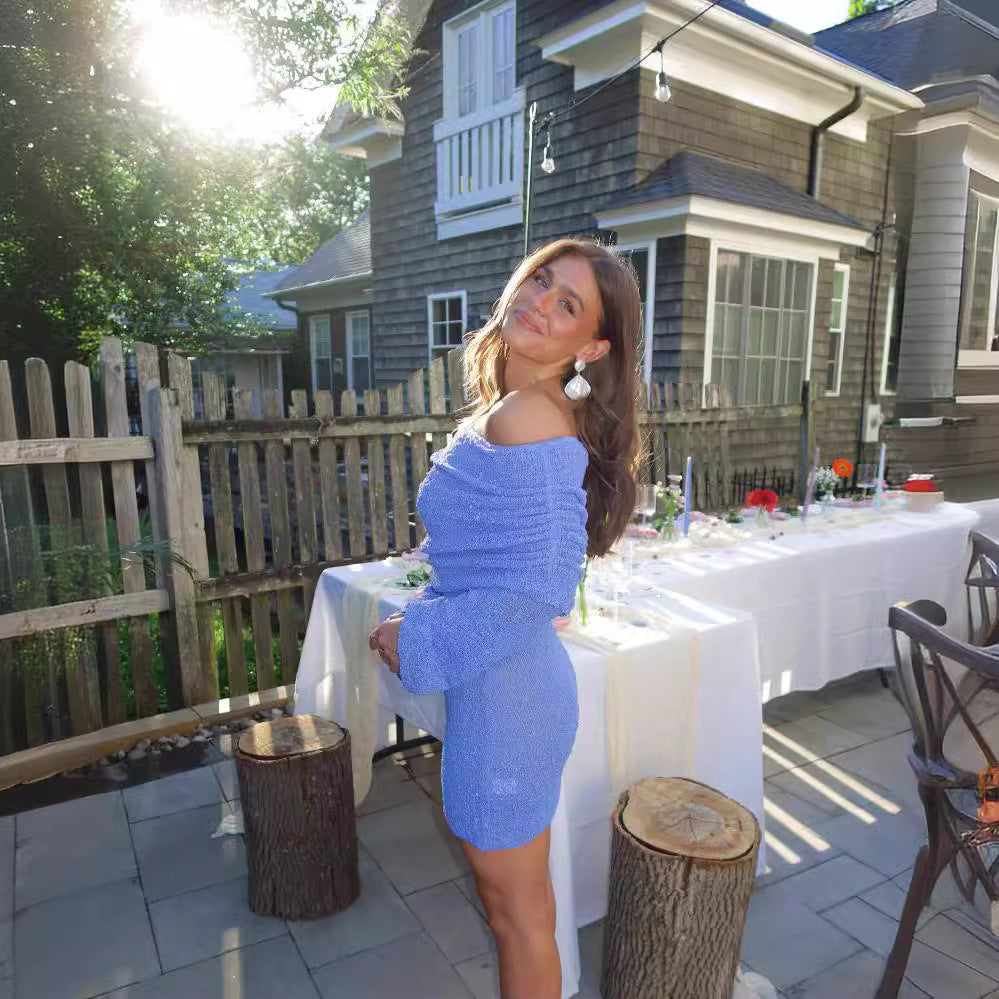 Damen Off-Shoulder Minikleid mit Rüschendetails und elastischem Bund Sovae
