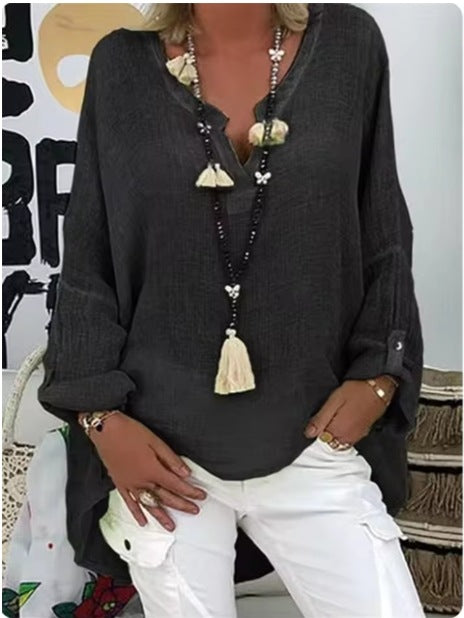 Damen lässiges Leinenbluse mit tiefem V-Ausschnitt und dekorativen Quasten Sovae