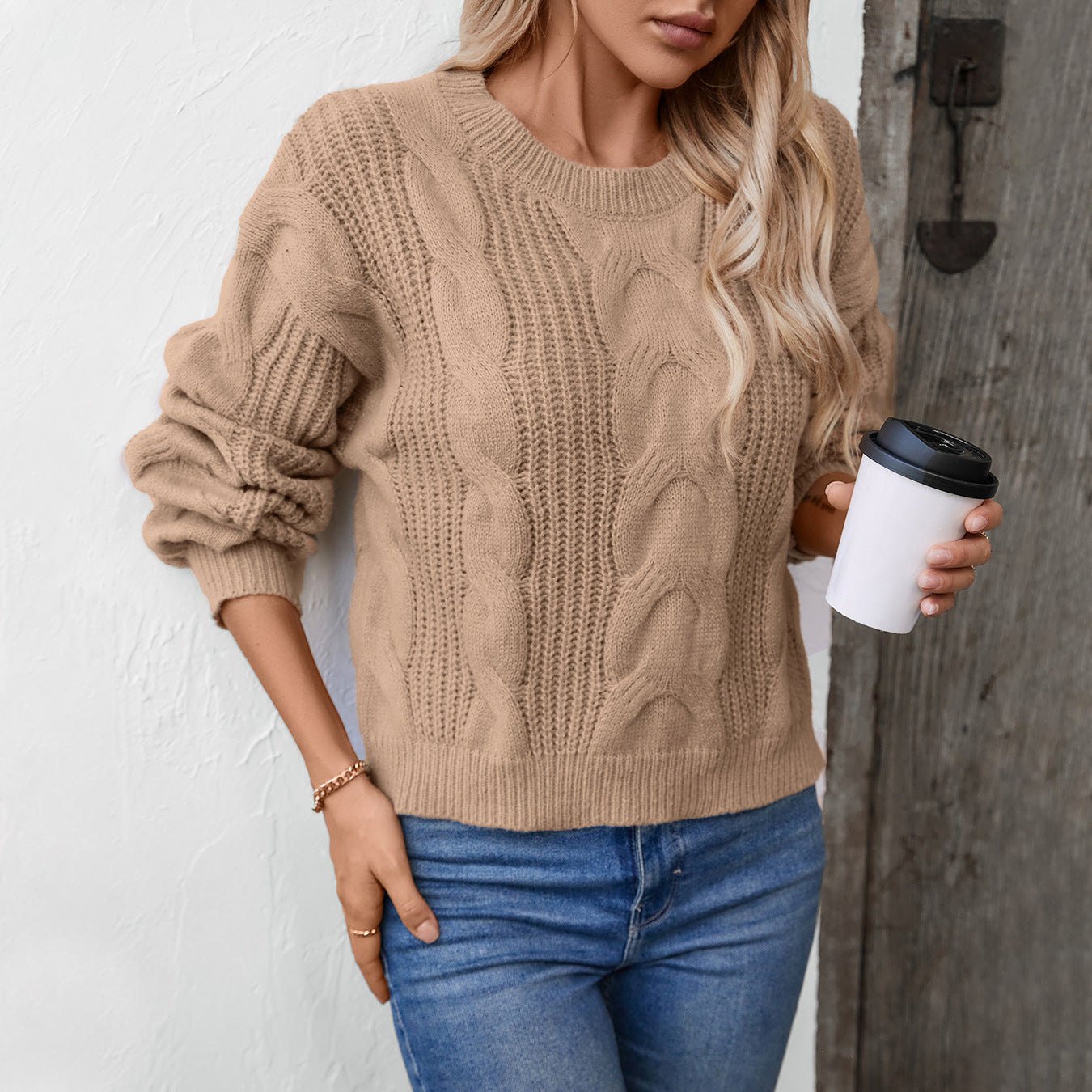 Damen grob gestrickter Pullover mit voluminösen Ärmeln und Zopfmuster Sovae