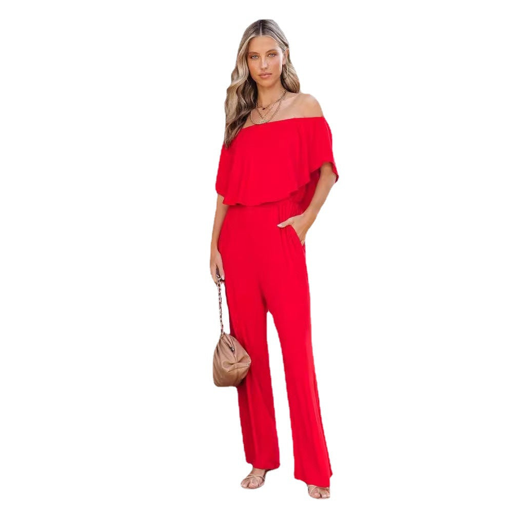 Damen eleganter Jumpsuit mit off-shoulder Design und weitem Bein Sovae