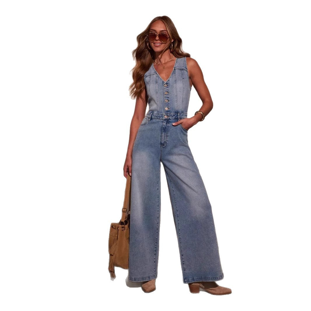 Damen lässiger Denim Jumpsuit mit weitem Beinschnitt Sovae