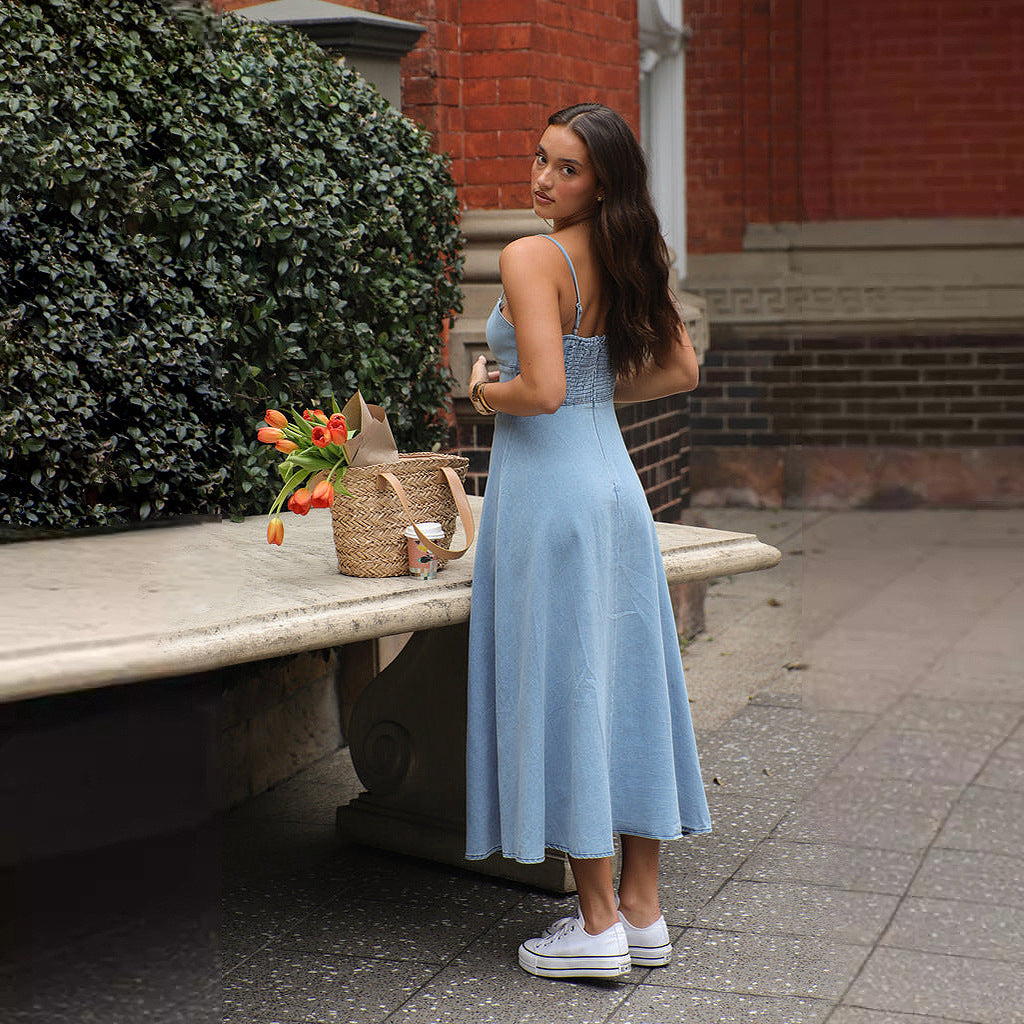 Damen Denim-Maxikleid mit herzförmigem Ausschnitt und Spaghetti-Trägern Sovae
