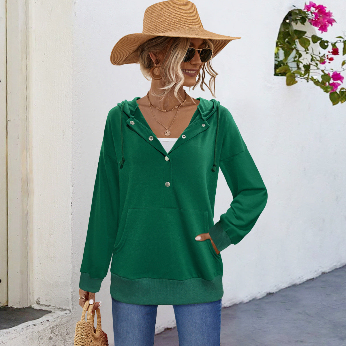 Damen Kapuzensweater mit Knopfleiste und tiefem Ausschnitt Sovae